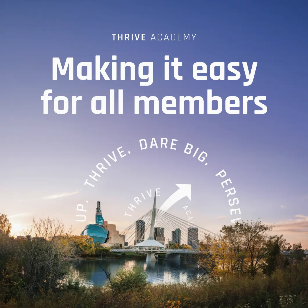 City skyline with bridge over river at sunset and text about Thrive Academy making it easy for all members.